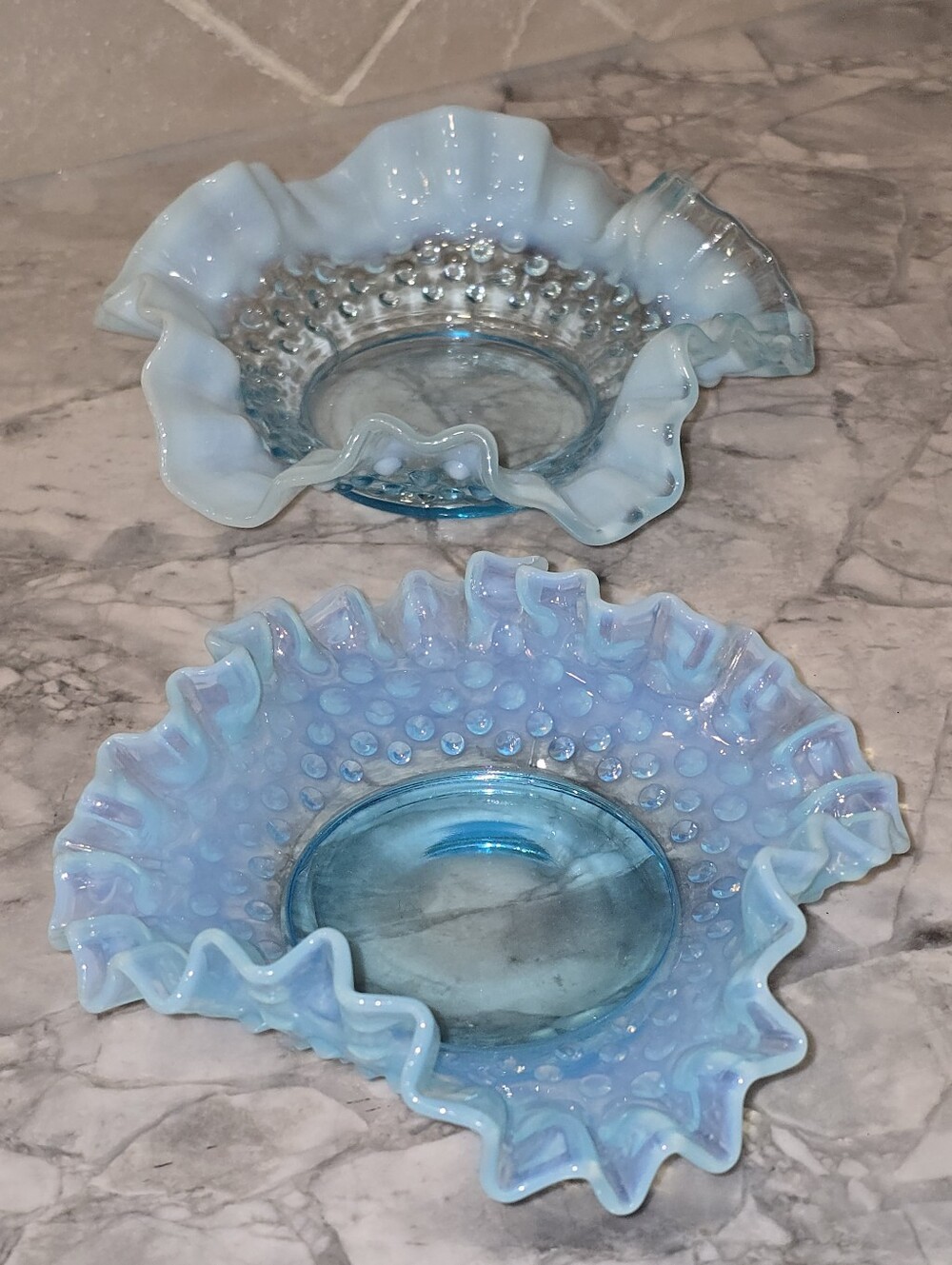 Antique Fenton Art Glass Blue Opalescent Hobnail Candy Bowls/ Dishes Set of 2